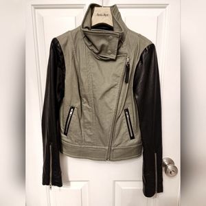 Mackage khaki and leather sleeve moto jacket size xs in khaki and black